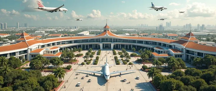 (photorealism:1.2), aerial view of an international airport, the architecture is fancy Spanish-inspired touches of colonial mixed with advanced modern mixed with Brazilian, a bit more advanced, multi-story, some nice cars, in the far background there's a m...