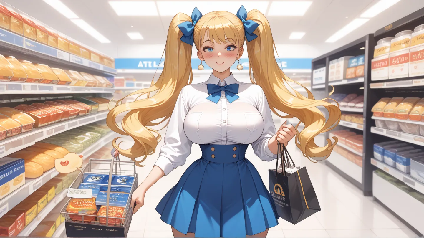 score_9, score_8_arriba, score_7_ 1,  a blonde girl  (pigtails with blue bows),  white shirt ( talleed ), blue skirt, long hair,  breasts,blush, throw, big ass, big breast, wasp waist with wide hips, High resolution, shopping at an Oxxo store