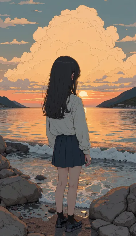 taken from an oblique top、 Fisheye 、(surreal),(best quality), (masterpiece), Beautiful High School Girls by Yoshitomo Nara, girl standing on the breakwater and looking at me, Backlit Silhouette , put your hands on your lower back, open your legs, Japanes...