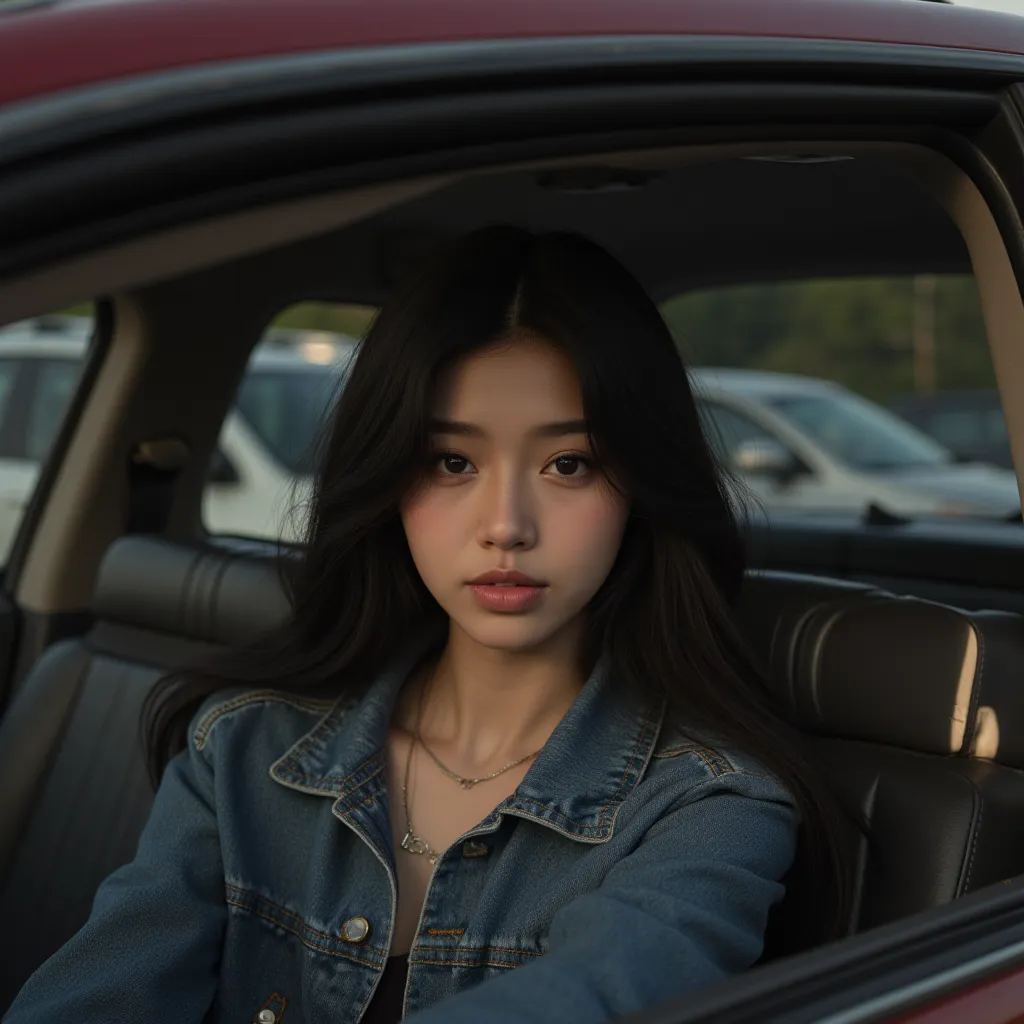 African American girl,, big brown eyes, slim, big lips, thick black hair, stunning visual, gorgeous looks, 22 years old,, concept photos, y2k, wearing a denim set, concept photos outside, sitting in a crashed car, dark, winking, crashed cars behind, smirki...