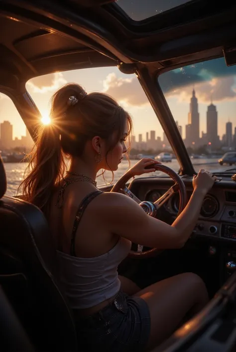  a woman, long brown hair updo, driving a Fast and Furious type car, Cinematic, highlights, sunset, tall background city, 8K, ultra detailed, realistic, photography,  Kinematics , studio lighting, High beams, sunset dramático, modern city with skyscrapers