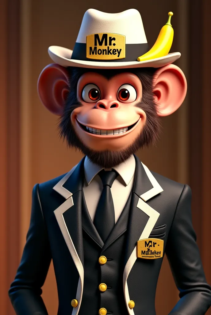 An adult male monkey with a brown beard who has a stomachache who is wearing a pretty black and white suit with a tie and a banana-shaped hat with Mr. Monkey written on and a black and white leather jacket with gold lettering Mr. Monkey on the jacket has a...