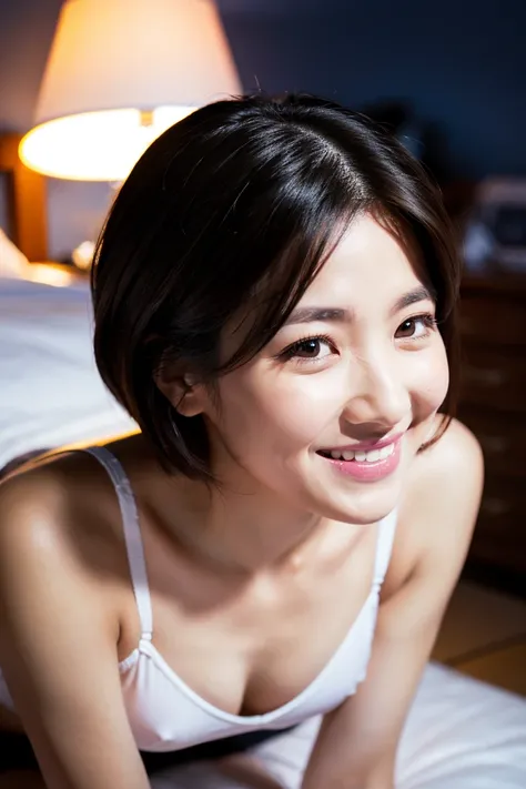 A cute 35-year-old Japanese woman、is standing on all fours in the bedroom。With short black hair、In white underwear、looking at the camera with a smile even though she is slightly embarrassed。