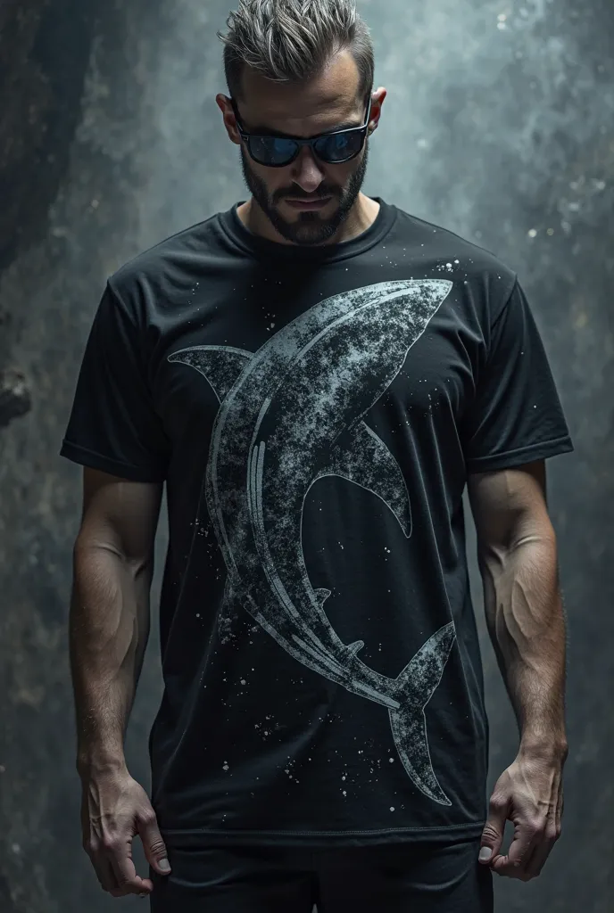 Black gray shark themed shirt 