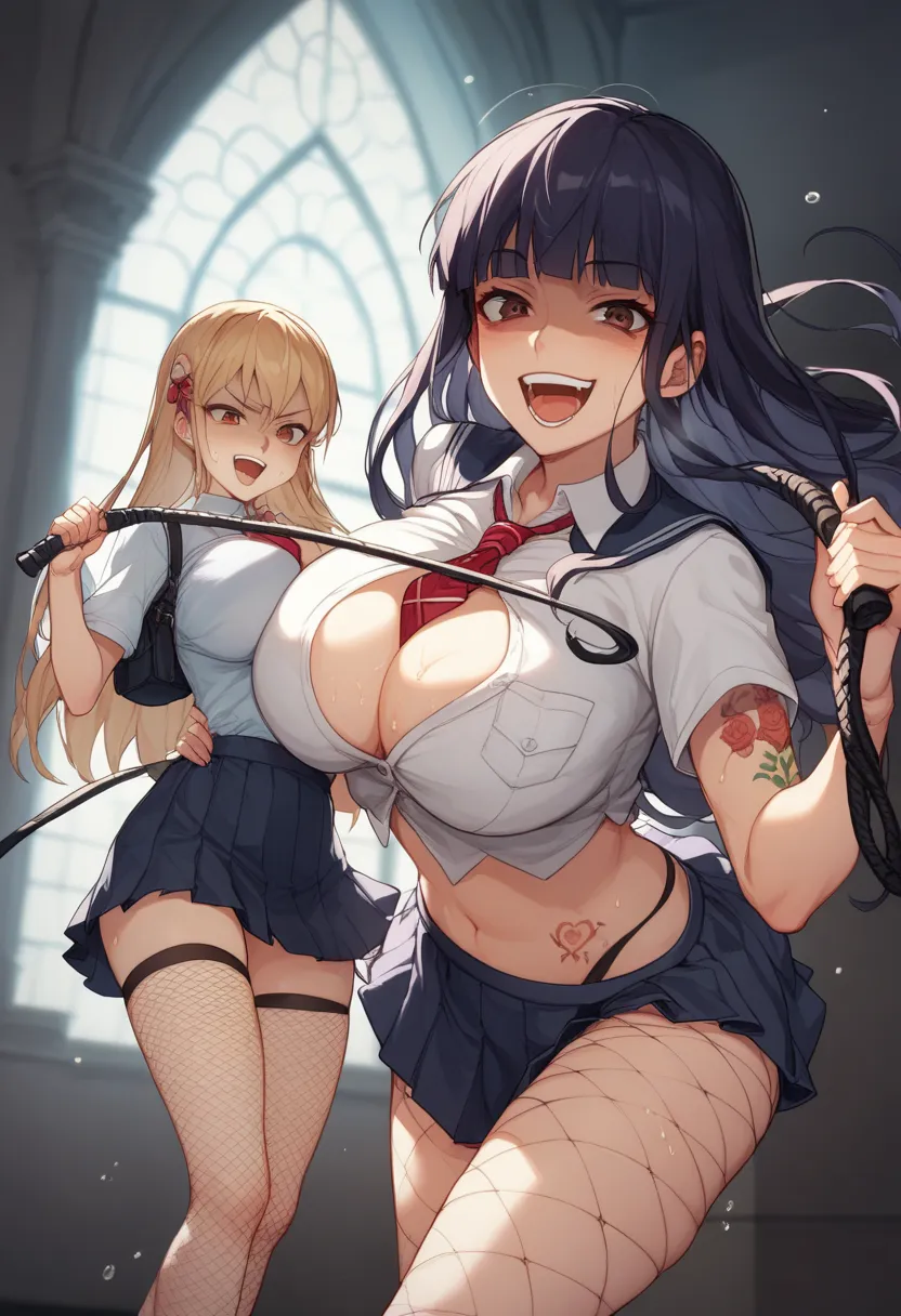 The background is a dark basement made of bricks 、2 women in their 20s with big breasts 、 Brown Eyes  、Yakumo Beni,  She is wearing a school uniform、fishnet tights, They have long whip in their hands、composition showing the floor from the ceiling 、cute ani...