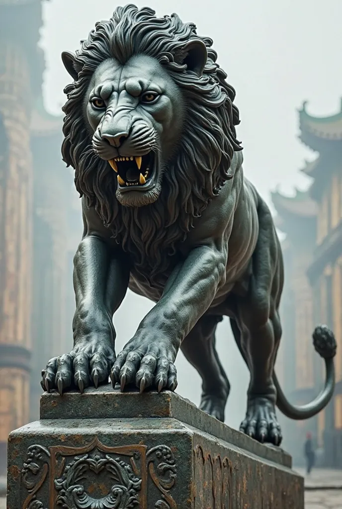 The statue of a lion preparing to attack