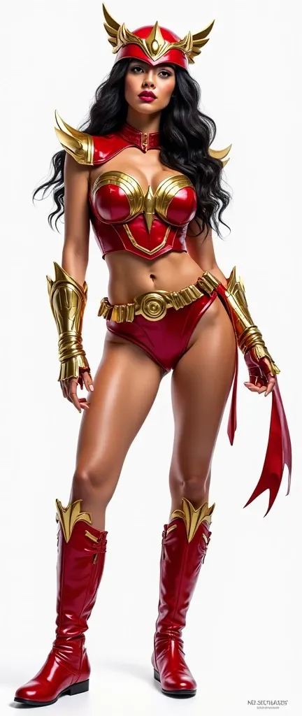 A beautiful and gorgeous Filipina heroin Darna ,,, long wavy hair.., wearing leather red and gold leather two piece costume. Gold details and trimmings..gold metallic gloves and cuffs and belt and red  knee high boots.. hero suit ..with gold Star symbol on...