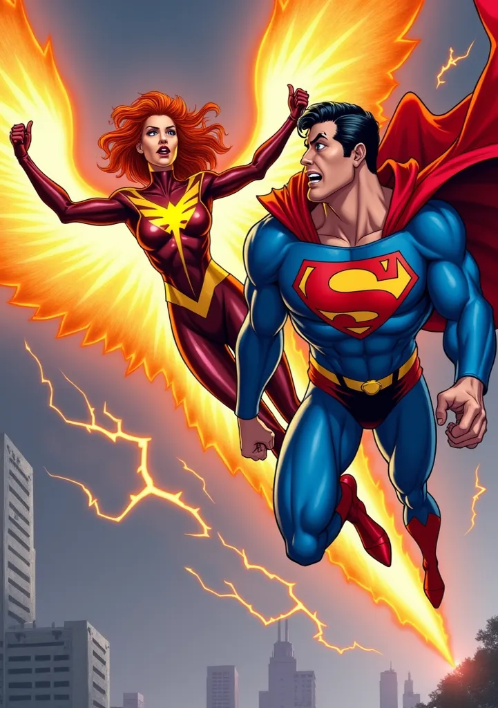 Comics style,  Marvel Phoenix Jean Grey Defeats  Superman , Marvel Phoenix Jean Grey   Knocks  Superman out, Phoenix n Smashed Superman, Marvel Phoenix Jean Grey  destroys Superman