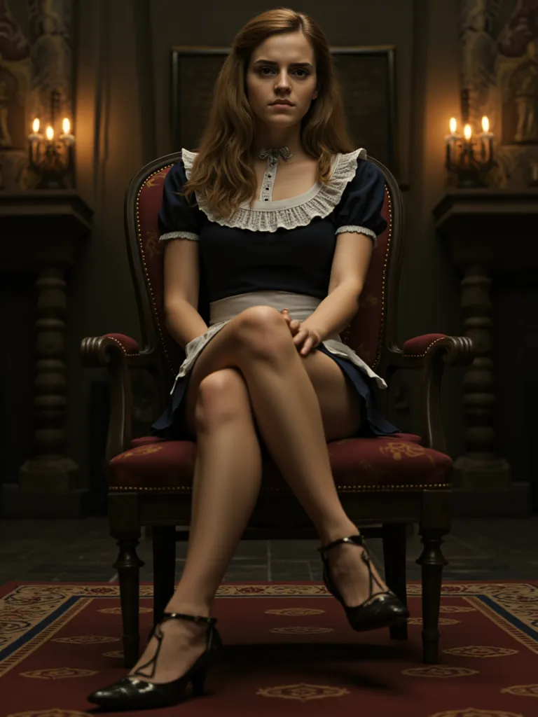 Head to toe picture of hermion granger.wearing short maid costume.high heels.sitting on chair in hagwarts.
