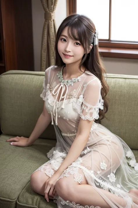 Japanese models wear gorgeous clothes、 is sitting on the couch,in a see-through dress、semi-long hair、art deco interior、looking at the camera、 beautiful eyes in every detail 、 cute smile up to the knee、 Gentle and gentle expression  