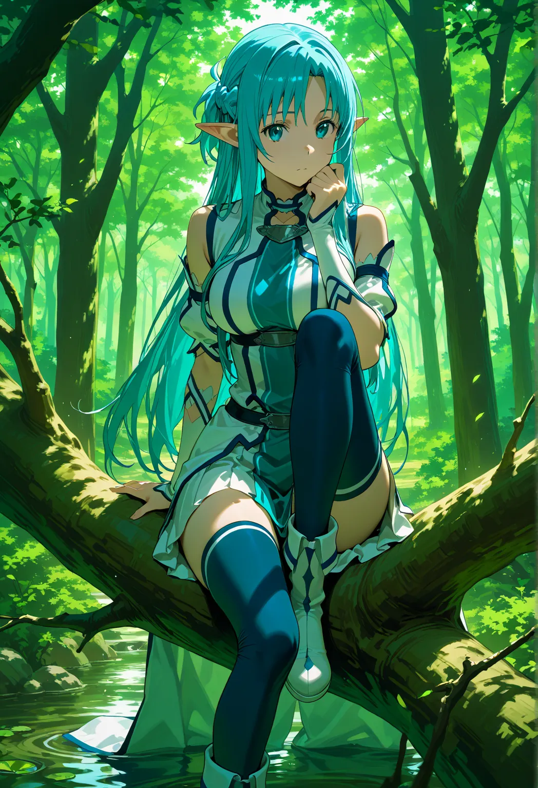 ccasuna, long hair, blue hair, braid, blue eyes, pointy ears, medium breasts, two-tone dress, white dress, detached sleeves, blue thighhighs, White long boots, (((Holds a small stick like a tree branch))), Surrounded by trees, By the stream, Put your feet ...