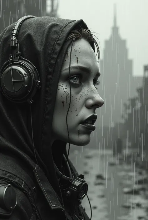 Black and white face of cyberpunk humanoid from the front with a look of anguish in the foreground, Rain on the city behind devastated blood