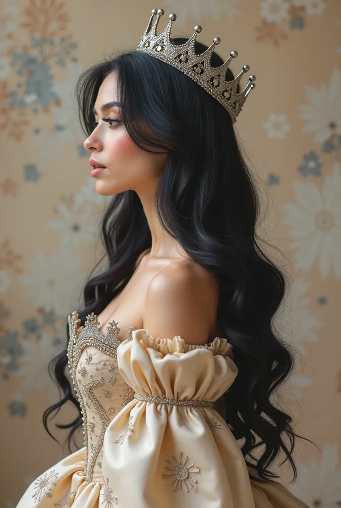 Princess with silver crown and black hair 
sombre, Long hair with waves to the middle of the body with beige princess dress with dropped sleeves voluminous ampon realistic side profile
With blank page background 