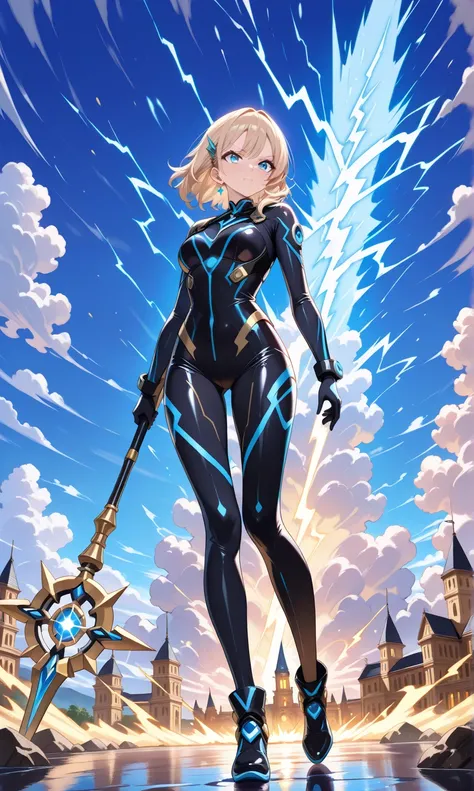 (((masterpiece, best quality 16k)))((full body shot)) of a girl in electrifying, futuristic armor with sleek gold and blue accents, standing in a stormy, electrified sky. She has short, spiky platinum blonde hair and piercing, electric blue eyes. Her skin ...