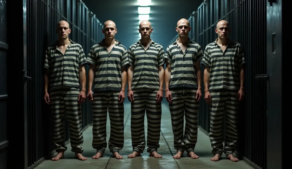 hyperrealistic fullbody photo of five 18 years old bald convicts in very dirty black and white horizontally striped prisonjumpsuits standig very relaxed in very different poses in a dark prisoncorridor, very detailled and different unshaven faces, surround...