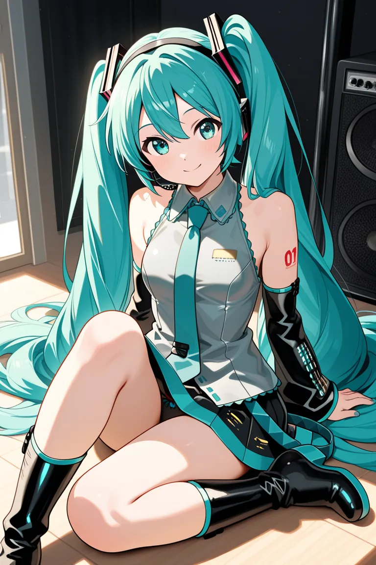 1 girl, vocaloid , Hatsune Miku,turquoise long twin tails,miniskirt,sleeveless,tie,headphones,black arm cover showing underwear,black long boots,cute,Beautiful Girl,smile