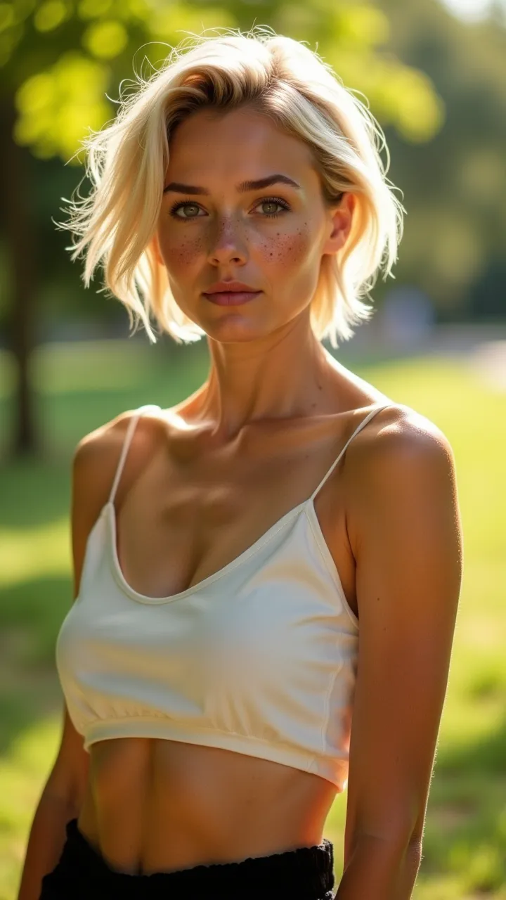 "Hyper-realistic 8K photographic portrait of a 20-year-old woman in a sunny park. Full body photograph with cinematic depth of field. The model has short platinum blonde hair slightly moved by the gentle breeze. Her face features natural freckles delicatel...