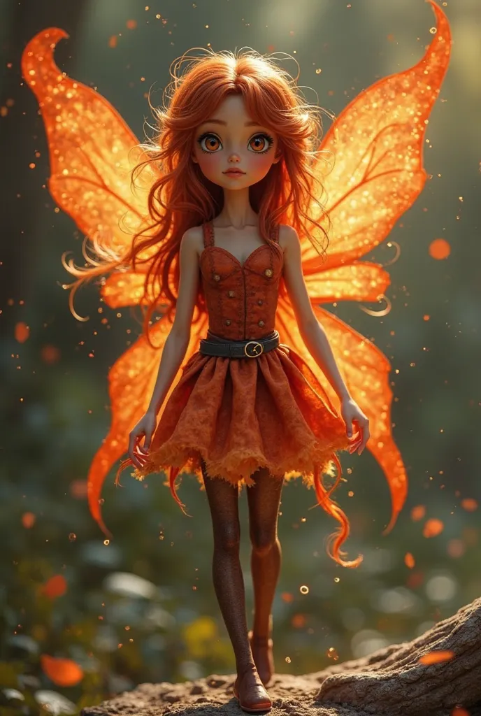 • Height: Average fairy size (about 5 inches tall)
• Wings: Translucent with glowing orange-red swirls, resembling flickering flames
• Hair: Auburn red, wavy, always slightly tousled, often tied in a loose braid
• Eyes: Golden-amber, reflecting light like ...