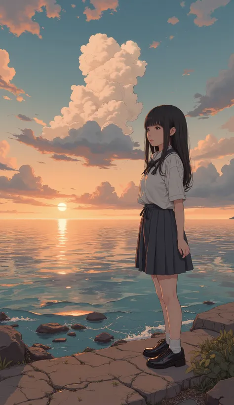 taken from an oblique top、 Fisheye 、(surreal),(best quality), (masterpiece), Beautiful High School Girls by Yoshitomo Nara, girl standing on the breakwater and looking at me, viewers next to him、 Backlit Silhouette , put your hands on your lower back, ope...