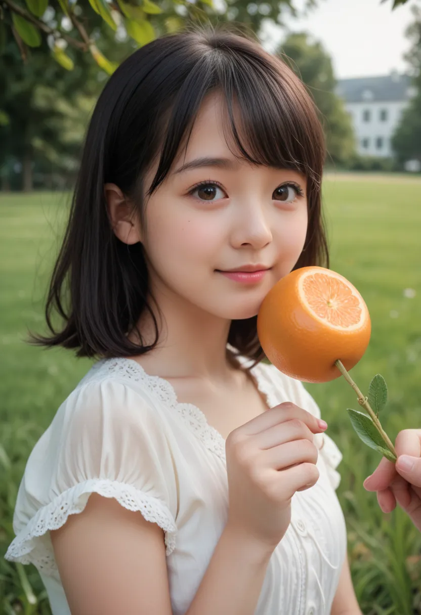 score_9, score_8, score_7, Photorealistic, ultra high resolution, cute girl, pure and neat face, 14yo, short black hair, hold a grass of orange juice, A white blouse with cute embroidery that evokes the image of spring、A poster of a girl promoting Kiyomi O...