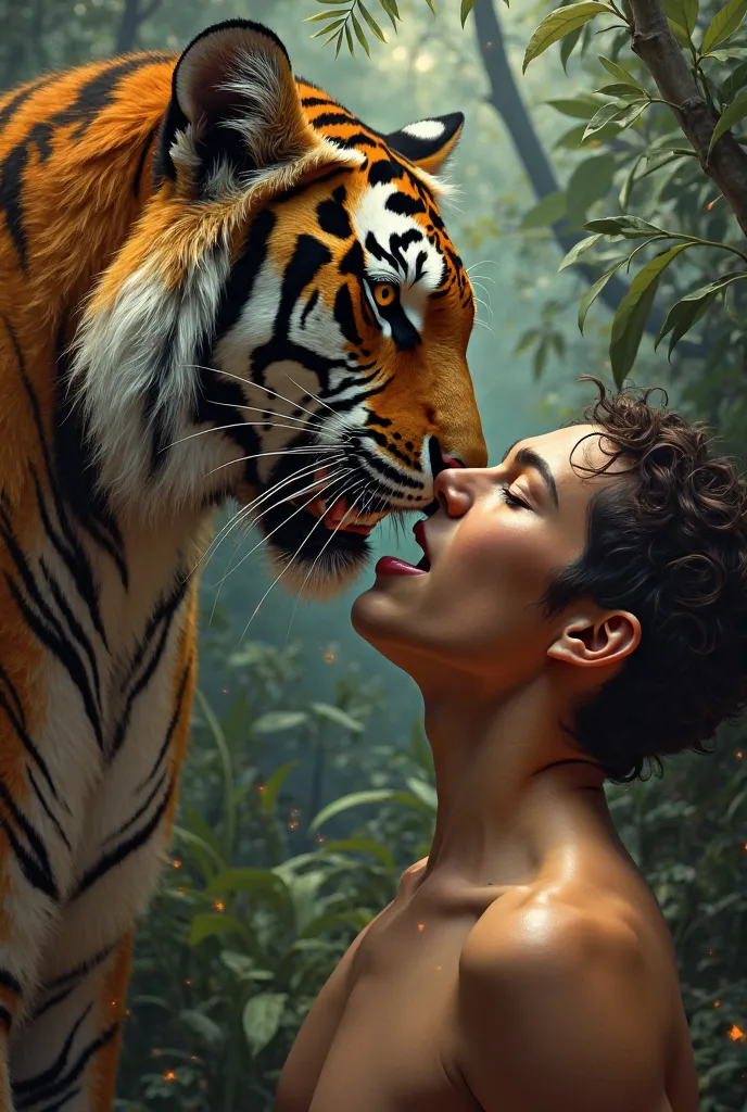 A tigress sticking her tongue in a human's mouth