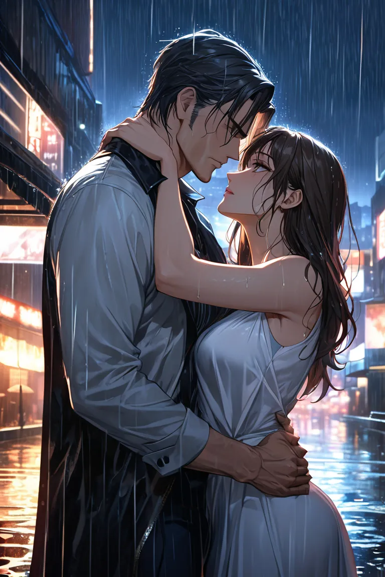 "A romantic anime-style scene of a mature couple sharing a passionate kiss in the rain on a rooftop at night. The city lights twinkle in the background, reflecting off the wet surfaces and creating a moody, dramatic atmosphere. The man, around 50 years old...