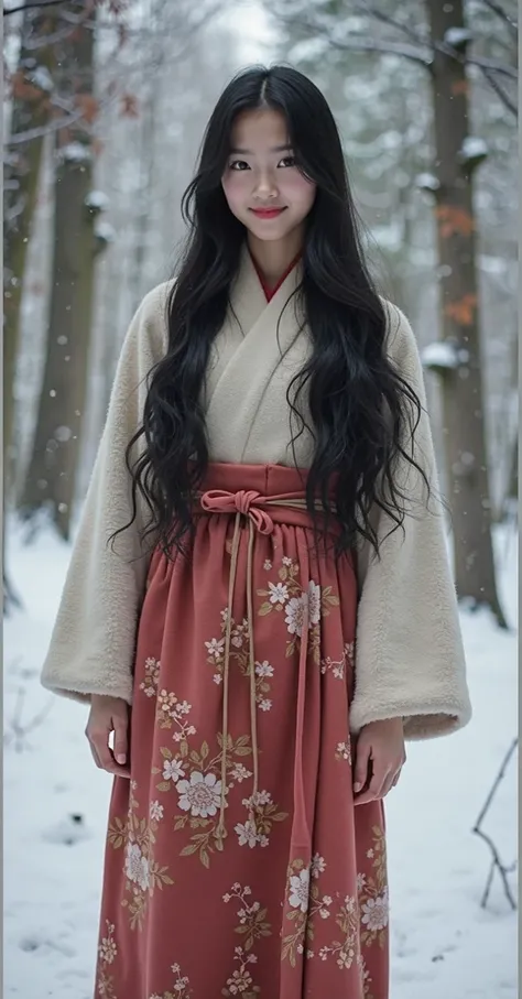  High quality. A real Oriental Japanese girl with 18 years old with beyond floor length black hair and see her "whole" body wearing thick lambswool traditional Wafuku standing nearby hot springs inside the forest, must see her whole body. The scenario of f...