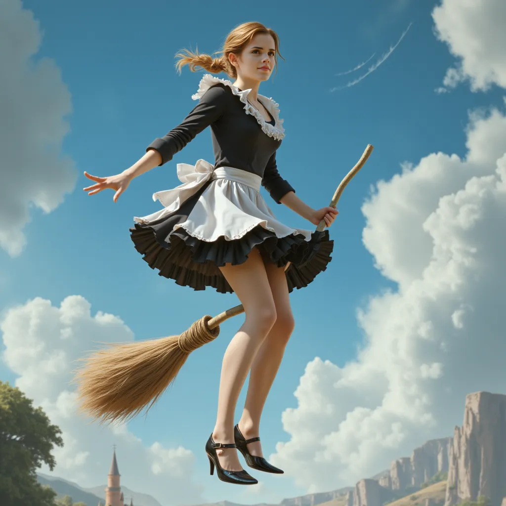 Head to toe picture of hermion granger.wearing short maid costume.high heels.ride witch broom.
