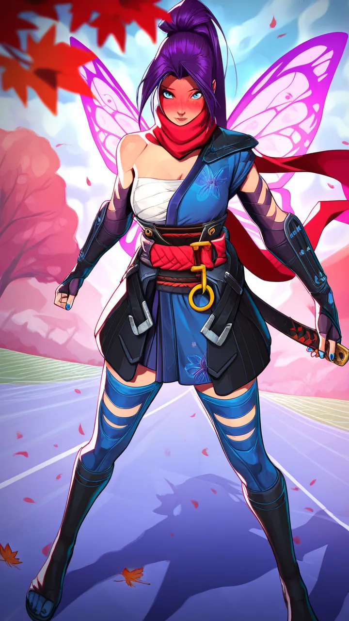 masterpiece, best quality, very aesthetic, High resolution, ultra-detailed, absurdities, newest,  mature female, dutch angle, 
psylocke_mvr , blue eyes, purple hair, tall ponytail,  distributed fringe ,  long hair,  Red scarf,  scarf over your mouth ,  Jap...