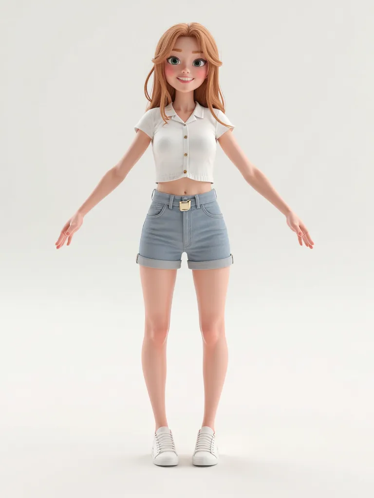 In a pair of short pants , Legs spread a little apart from the other, Arad woman with arms outstretched, highly detailed character,  an animated character ,  3D character,  3D character,  Female Character ,  the character is in his natural pose,  single bo...