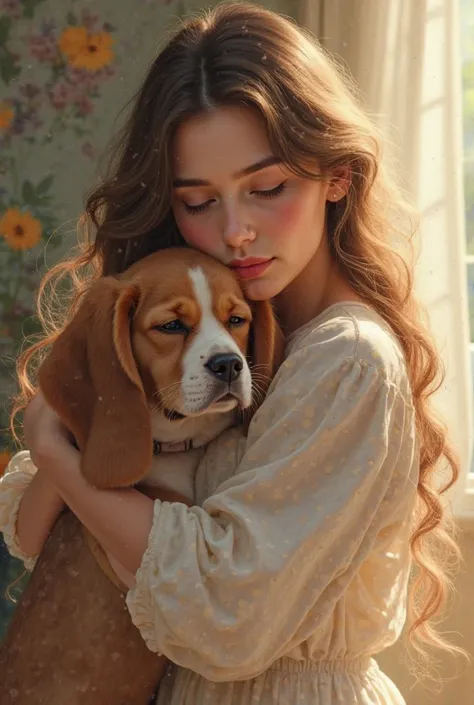 Long-haired woman hugging her beagle puppy 