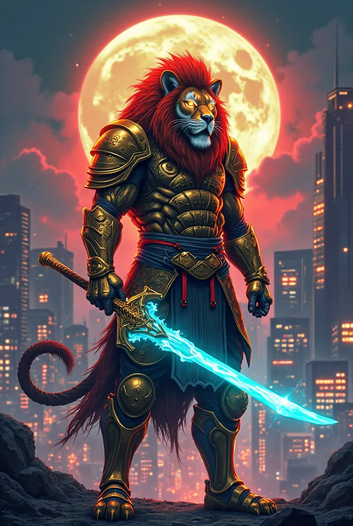 " Create an image of a lion with a human body ,  in a futuristic style ,  with a golden metallic armor and brilliant details .  He must be in an imposing posture ,  holding an energy sword with an electric blue blade . His lion's head , with a flaming mane...