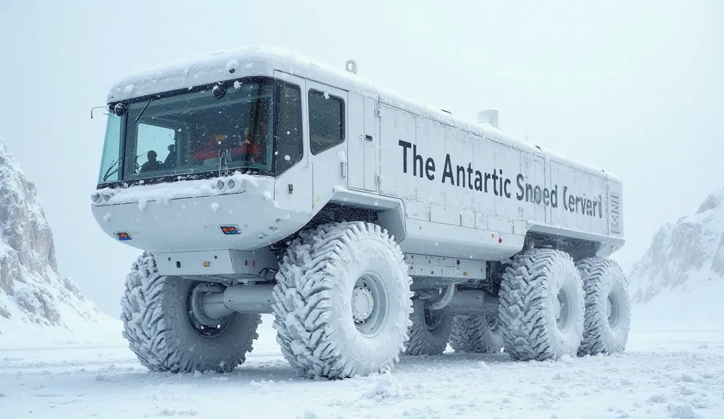 A massive, snow-covered truck, towering as high as a 20-story building and stretching nearly the length of five football fields. The truck is completely white, moving slowly across the icy terrain. Its gigantic wheels are designed to float on the snow rath...