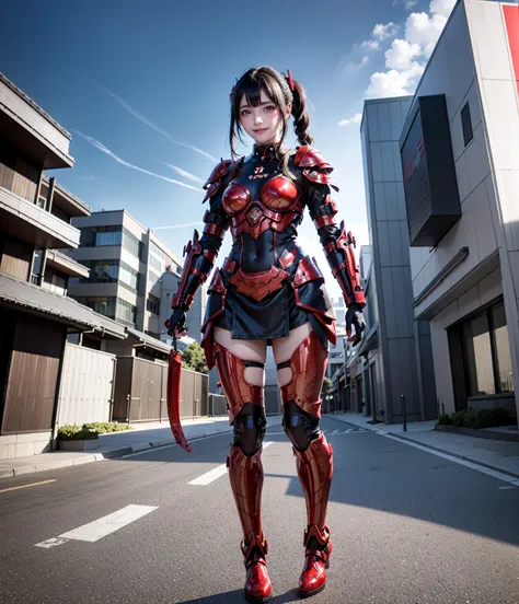 1 japanese girl ,full body,Battle Armor, in front,Intricate Pattern, heavy metal, Energy Line, faceless, shining eyes, elegant,  intense, bloody red and black uniform, Alone, 【Contemporary, city, That&#39;s right.,  Dark Clouds , thunderstorm, Heavy Rain,,...