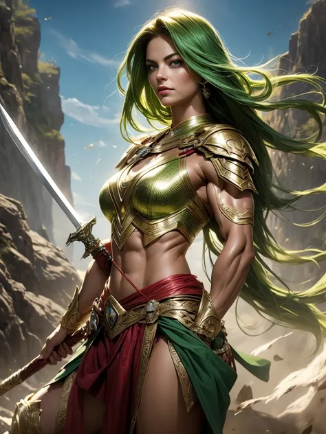 Erica Durance as a Asgard,valkyrie,Upper Body shot,green eyes,long flowing lime green hair, fitness muscular woman, Senhora Cavaleiro,elaborate decorative silver battle armor,Anatomia correta，holding a magical big sword, epic fantasy digital art, masterpie...