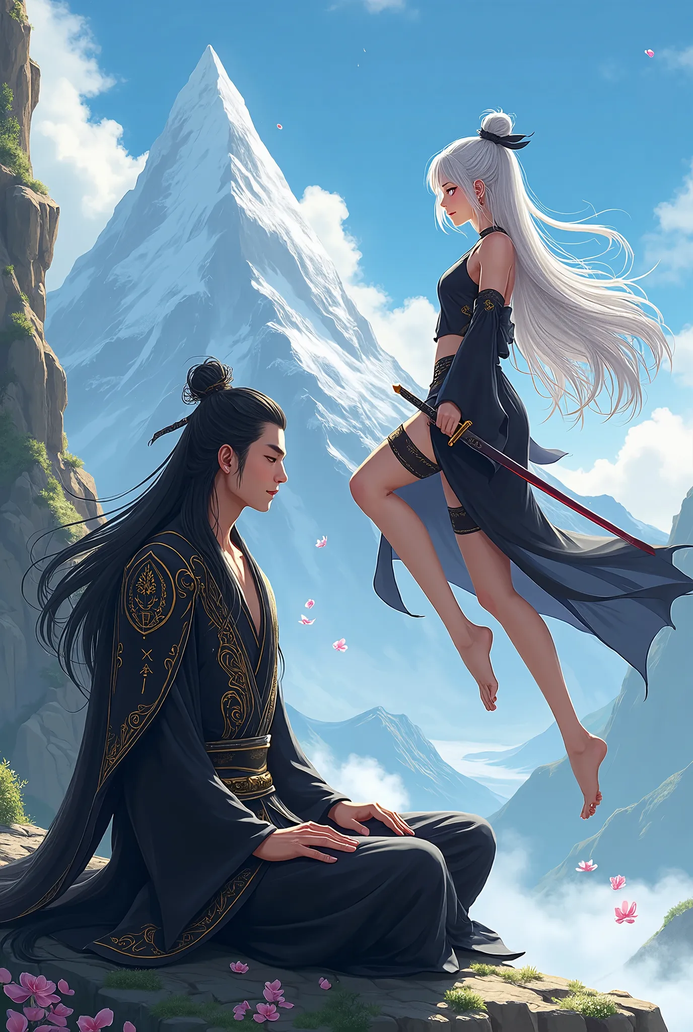 Give me a male with a long black hair With an Immortal Air around him, wearing black Gold Robe With a Long red sword In his waist, sitting cross leged in a Mountain, with him Stood a flying above the Ground a beautiful Female Cultivatore with a silver Hair...