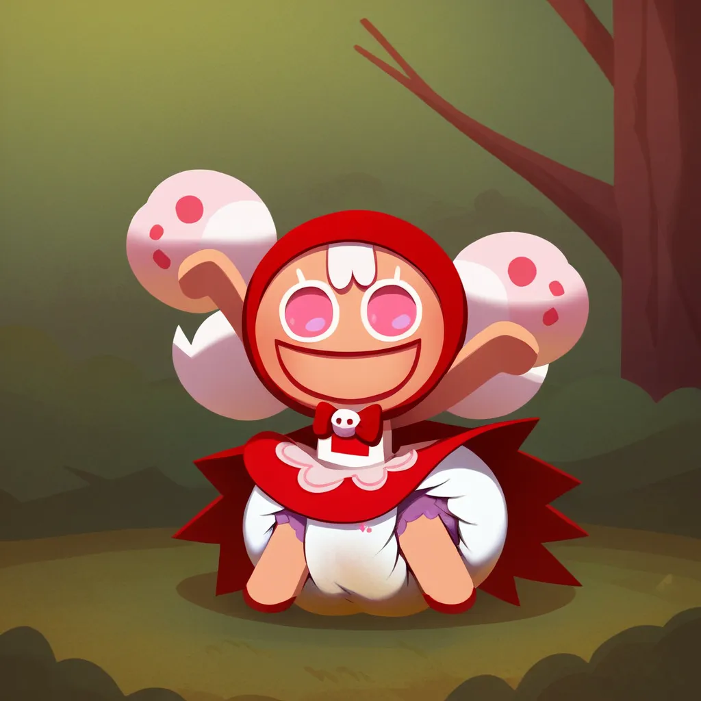 score_9_up, score_8_up, BREAK, CherryCookieRun, 1girl, solo, white hair, pink eyes, red hood, sleeveless dress, red dress, chibi, upper body, forest, smile, big hips, big diaper, messy diaper, enormous saggy bulging diaper, diaper keeps getting bigger and ...