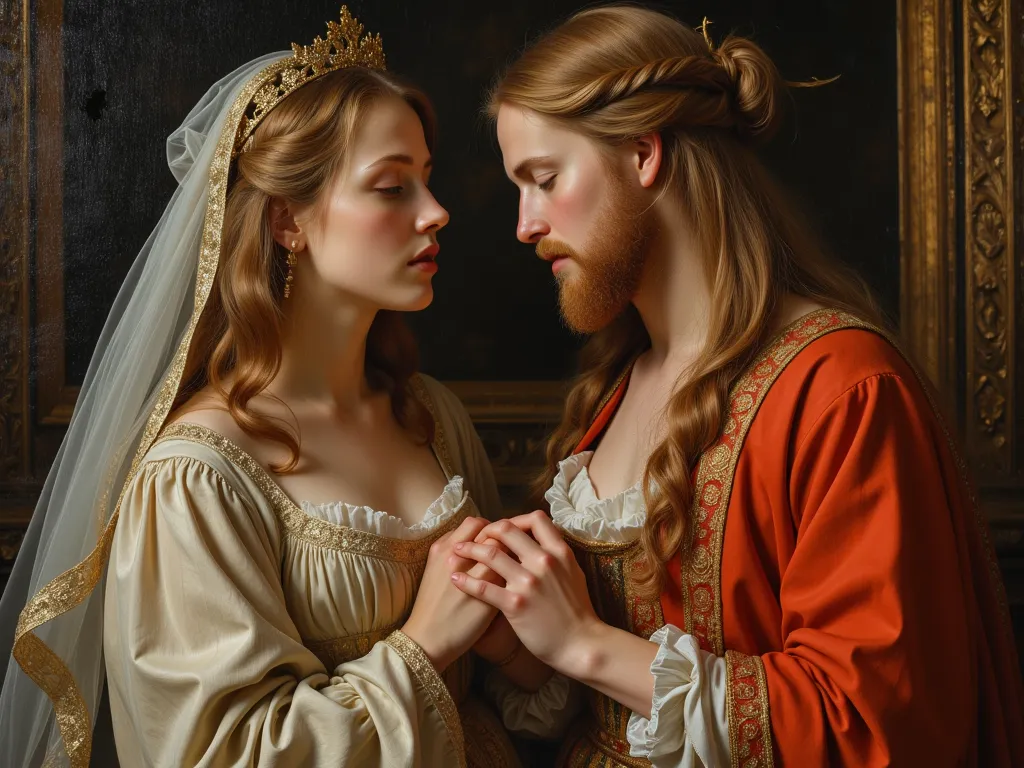 Germanic girl,  Wedding also called Protestant , Northern Europe, Scandinavian, Religious Iconic Style, What is the subject of the picture「Annunciation」, Raffaello Santi style, nonfiction, emotional scene, Emotional facial expression