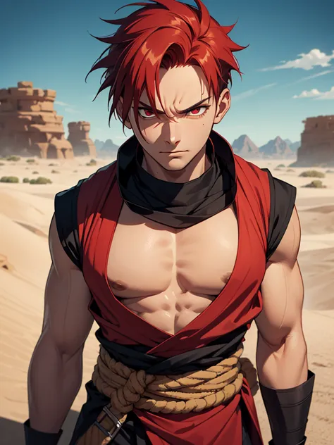 Create an upper-body portrait of Gaara from Naruto Shippuden, emphasizing his defining features. He has spiky, deep red hair and dark-rimmed eyes, with the kanji for 'love' etched on his forehead. His expression is calm but intense, exuding a sense of auth...