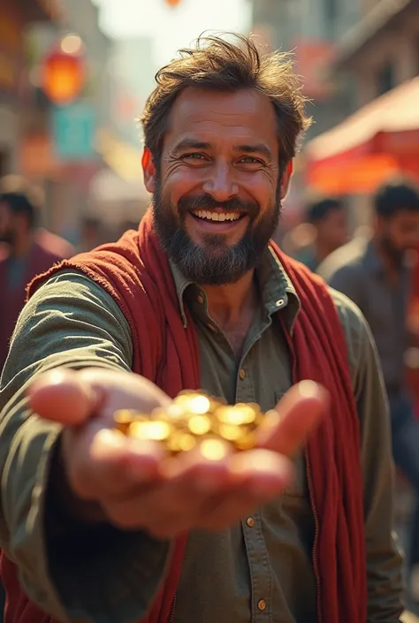 a man giving coins happily with his hand in side view, no other man should be seen