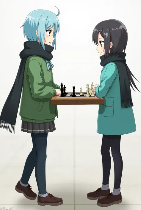 a couple of anime characters standing next to each other, rimuru, rimuru tempest, profile shot of rimuru tempest, matoko shinkai, mai yoneyama, oppai proportions, aqua from konosuba, casual green clothing, wearing a scarf, rimuru playing chess, scarf, haji...