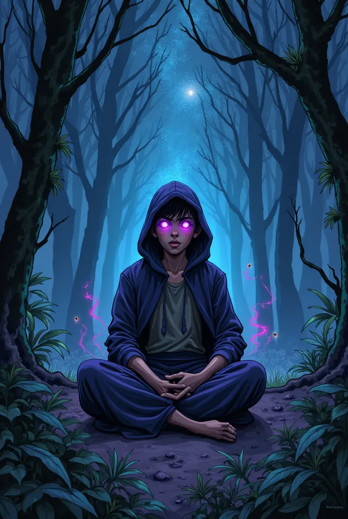 Hooded Sorcerer Latino Boy with Purple Eyes Glowing Meditating CrossLegged Levitating in Dark Forest at Night in Darwyn Cooke Style