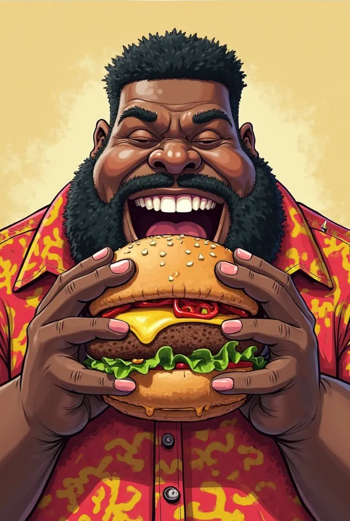 Make a very fat black man eating a burger