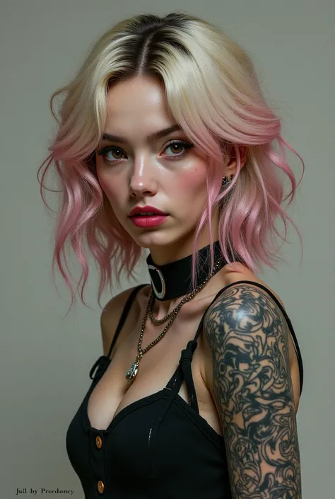 blonde with pink highlights, dark brown eyes, swirled tattoos up her arms, septum piercing