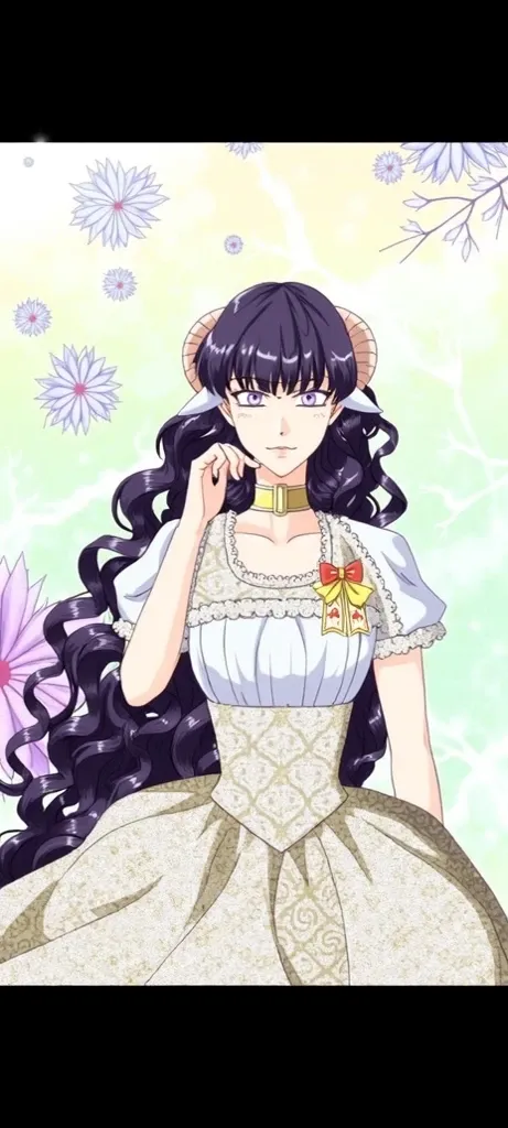 Curly black hair with goat horns and goat ears and purple eyes that has breasts and wears a medieval dress long dress