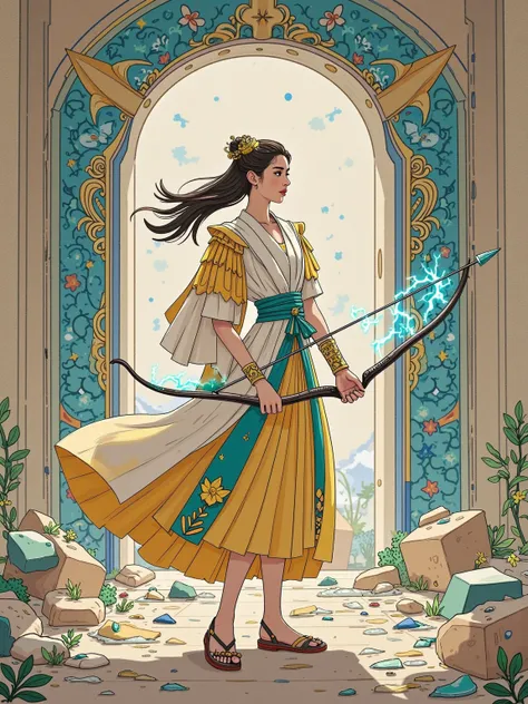 The maiden stands atop the collapsing Heavenly Palace dome, her triangular bow brace resonating with broken dragon pillars. The gilded bracer reflects falling glazed tiles, dragon-tendon bowstring imprinting scale patterns on her knuckles. The gold-embroid...