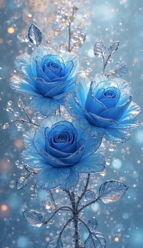 Glass roses, fantastic, sparkling, and enchanting, glass art with lots of dark blue and light blue roses, transparent, roses and pearl ribbons on glass cloth, super high resolution, pastel tones, beautiful, dazzlingly beautiful petals, sparkling, drops of ...