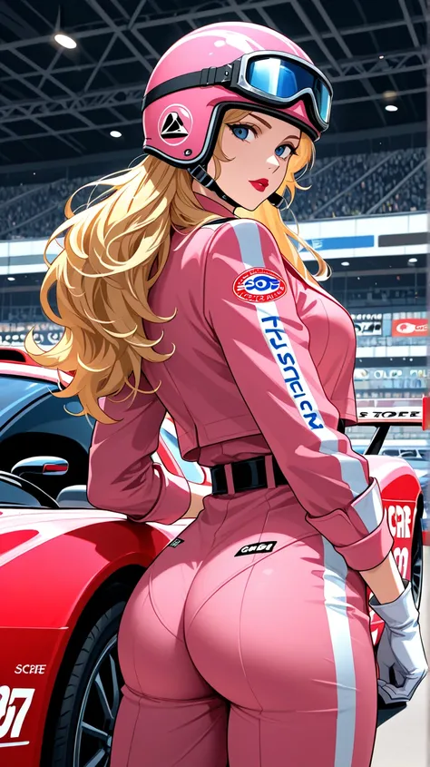 score_9, score_8_arriba, score_7_arriba, BREAK, score_9,  pit stop by Penelope,  by the blond hair, long hair,  pink suit,  belt, lipstick, blue eyes, goggles on the helmet ,  white gloves, Looking at the spectator, cowboy shot, ass, Desde atrás, career, c...