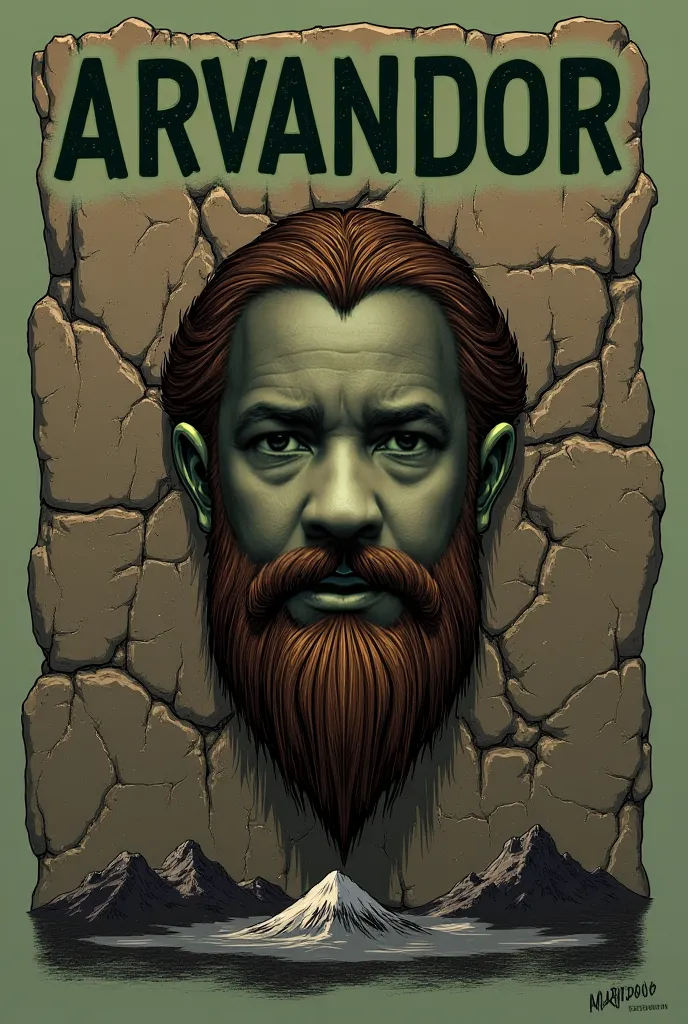 A minimalist illustration for the cover of 'Arvandor: Earthquake', the fourth book of the Arvandor saga.  in the center, the human face of Thalgar, earth god, carved in dark brown rocks with veins of green moss, green eyes shining like emeralds in a robust...