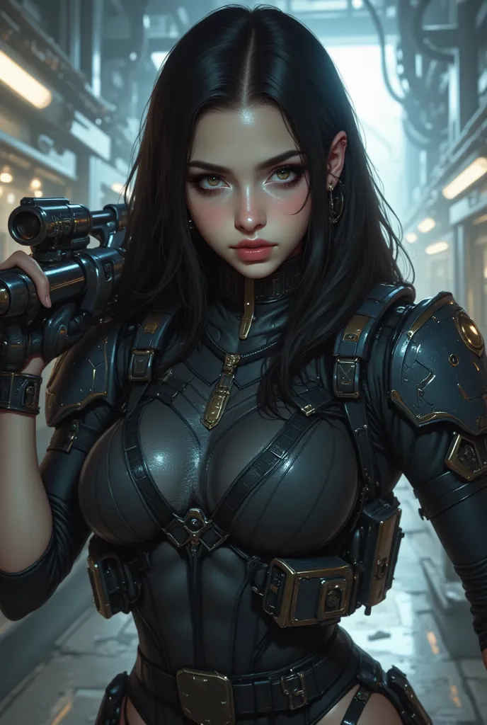 Beauriful black haired woman wearimg a black bodysuit. Holding a sci-fi rifle. Dynamic pose, dynamic angle, 